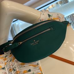 Kate Spade Chelsea Nylon Belt Bag Fanny Pack Color: Deep Jade New With The Tag Authentic 5.1"H X 12.2"W X 3.2"D Nylon Trim: Smooth Pvc Metal Pinmount Logo Two Way Spade Jacquard Lining Back Credit Card Pockets Imported Dust Bag Not Included Style # Wkr00561 Waist Bag Green Belt Bag With Zipper Closure, Green Belt Bag For Travel, Green Nylon Belt Bag With Removable Pouch, Green Kate Spade Shoulder Bag For Travel, Nylon Belt Bag, Kate Spade Purse Pink, Kate Spade Crossbody Purse, Purple Quilts, Red Crossbody