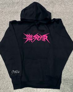 Rock-Star hoodie. Each jumper is created to order. design is hot pink htv on chest of black hoodie with white htv on sleeve.  Get in touch if you want to personalise colour of the hoodie or design Trendy Black Hoodie With Screen Print, Pink Sweatshirt With Screen Print For Streetwear, Black Screen Print Hoodie, Pink Band Merch Sweatshirt With Letter Print, Pink Band Merch Sweatshirt For Streetwear, Pink Logo Print Sweatshirt For Streetwear, Nicki Concert, Star Hoodie, Band Hoodies