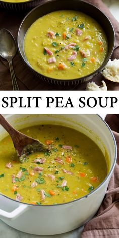 split pea soup with ham and carrots in a pot