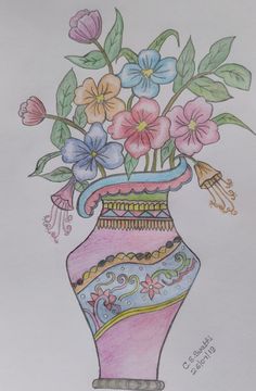 a drawing of flowers in a vase with green leaves and pink, blue, yellow, purple and white colors