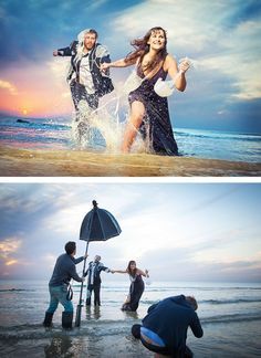 two photos, one with people on the beach and one with an umbrella in the water