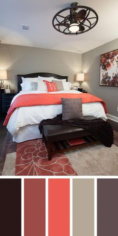 a bedroom with gray walls and red accents