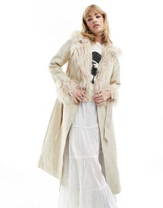 Reclaimed Vintage longline leather look trench coat with detachable faux fur collar in stone | ASOS Fall Long Coat With Feather Trim, Long Coat With Feather Trim For Fall, Long Feather Trim Coat For Fall, Beige Fur Coat With Faux Fur Trim For Spring, Cream Long Coat With Faux Fur Trim, Beige Long Coat With Faux Fur Trim, Long Coat With Faux Fur Lining For Spring, Spring Long Coat With Faux Fur Lining, Cream Fur Coat With Faux Fur Trim For Spring