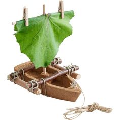 a boat made out of cork with a green leaf on the top and ropes attached to it