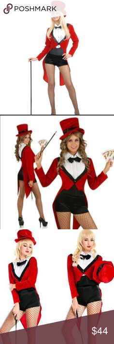 a woman dressed in a red suit and top hat holding cards while standing next to another woman