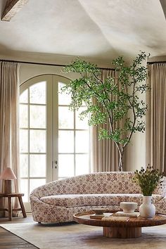 a living room filled with furniture and a tree in the middle of it's center