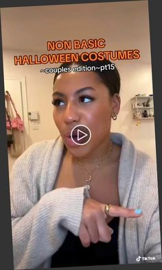 a woman pointing to her right with the words non basic halloween costumes in front of her