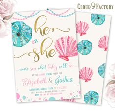 two wedding cards with pink flowers and blue shells