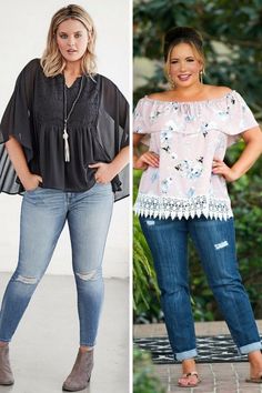 damenmode-große-größen-sommermode-damen-jeans-weite-bluse-mit-rüschen-lange-halskette Outfits Granola, Concert Outfit Plus Size, Summer Fashion Plus Size, 2019 Fashion Trends, Casual Plus Size Outfits, Plus Size Outfits Casual, Plus Size Casual Outfits, Internship Fashion, Plus Size Summer Fashion