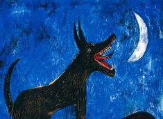 a dog with its mouth open standing in front of a half - moon and crescent