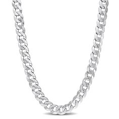 In lustrous sterling silver, it features a fancy curb link chain. Enhanced with a high polished finish, this necklace measures 24-inch in length and secures with a lobster clasp. Definitely an eye-catching unisex jewelry, this curb link chain necklace is made in Italy. White Gold Chunky Cuban Link Necklace, White Gold Cuban Link Necklace With Chunky Chain, Formal Silver Cuban Link Bracelet With Curb Chain, Sterling Silver Cuban Link Chain Necklace, Sterling Silver Chunky Cuban Link Necklace, White Gold Cuban Link Chain Necklace With Polished Finish, White Gold Cuban Link Bracelet With Curb Chain, Classic Silver Cuban Link Necklace With Chunky Chain, White Gold Cuban Link Necklace