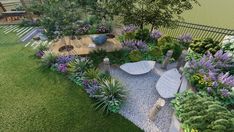 an artist's rendering of a garden with various plants and rocks on the ground