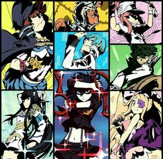 an anime character collage with many different colors