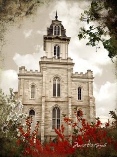 an old building with a clock tower and red flowers in the foreground, on a cloudy day