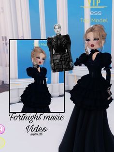 an animated image of a woman in a black dress with long sleeves and ruffles