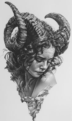 a drawing of a woman with horns on her head