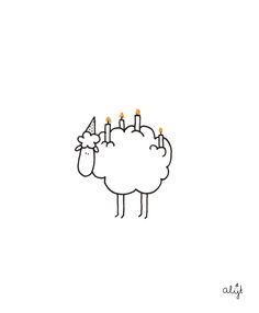 a sheep with candles on it's head in front of a white background and the words happy birthday