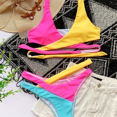 Swimsuit Material, Two Piece Swimwear, Two Piece Swimsuit, Pink Swimsuit, Swimsuits High Waisted, Beachwear For Women, Up Shoes, Swim Suit, Yellow Blue