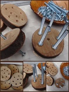 there are many different types of screws and nuts on the table with holes in them