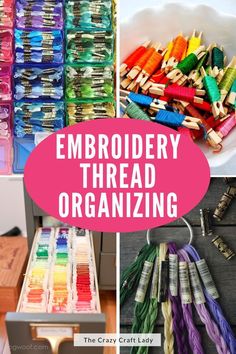 embroidery thread organized with the words embroidery thread organizing in pink overlay and images of different types of crochet pins