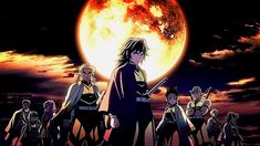 an anime character standing in front of a full moon with many other characters behind him