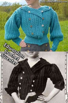 an old photo shows the back and side of a woman's sweater with buttons on it