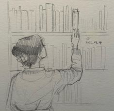 a pencil drawing of a person holding up a book shelf with books on the shelves