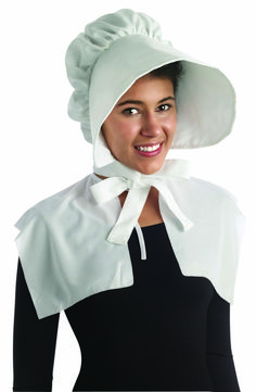 White bonnet, 100% polyester, wide brim. Pioneer Bonnet, White Bonnet, Prairie Dresses, Pilgrim Hat, Bonnet Hat, Costume Hats, Halloween Accessories, Daily Dress, Women's Costumes