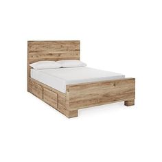 a wooden bed frame with two drawers on each side