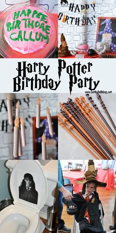 there is a collage of photos with harry potter birthday party items on the table