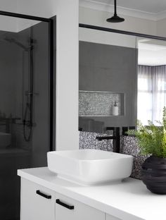 a white sink sitting on top of a counter next to a black potted plant