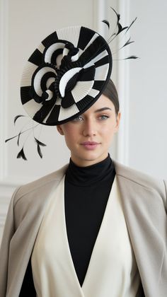 Stunning black and white spiral fascinator #fashionforward #fascinatorlove #elegantstyle #headwearchic #trendyaccessories #statementpiece Black And White Spiral, White Fascinator, Wedding Fascinators, Fascinator Hats, Trendy Accessories, High Tea