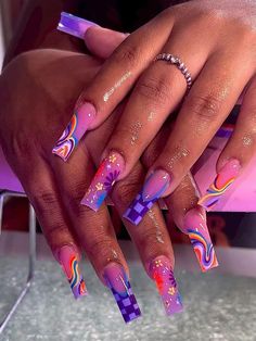 Multicolor  Collar    Color Nails Embellished   Nail,Hand & Foot Care Manicure Gel, Purple Nail, Flower Nail Designs, Square Acrylic Nails, Pretty Acrylic Nails, Dope Nails, Nail Arts