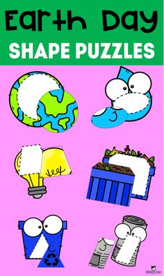 the earth day shape puzzles are shown in green and pink with images of different objects