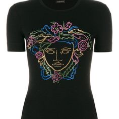 Versace Medusa Crystal Embellished T Shirt Size: 44 Or Size 8 Color: Black With Color Gems Designer Black Embellished Tops, Versace Tops, Versace T Shirt, Versace Couture, Vintage Versace, Embroidered Tee, Sleeves (women), Stylish Fashion, Blouse Vintage