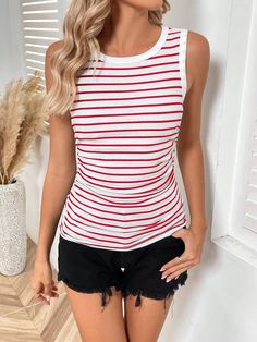 Women's Striped Ruffle Hem Tank Top White Casual   Knitted Fabric Striped Tank Slight Stretch  Women Clothing, size features are:Bust: ,Length: ,Sleeve Length: Women Tank Tops, Striped Tank, Tank Top Cami, White Tank Top, White Casual, Ruffle Hem, All Fashion, Women Clothing, Womens Tees