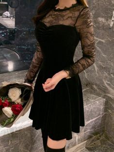 Long sleeve velvet dress with sweetheart neckline and lace shoulders and sleeves. Flared skirt from narrow waist, fitted style dress. Model is in MINUSEY S. ✔️ Free worldwide express shipping over $100✔️ Loved by 6,500+ customers✔️ Limited edition collections, maximum style⠀⠀⠀⠀⠀⠀⠀⠀⠀Stay ahead of the trend with can’t-find-anywhere-else staples. Your closet will thank you 💕 * MINUSEY S = EU 34, US 2* MINUSEY M = EU 36, US 4* Velvet: 95% Polyester / 5% Spandex* Lace: 100% Nylon* Dry clean* Made in Korea - Model Height: 170cm/5'7" (US2, EU34) Elegant Winter Mini Dress With Lace Trim, Winter Evening Dresses With Lace Sleeves, Party Velvet Dress With Lace Trim, Velvet Dress With Lace Trim For Party, Velvet Lace Trim Dress For Party, Black Long Sleeve Velvet Cocktail Dress, Narrow Waist, Dress With Sweetheart Neckline, Long Sleeve Velvet Dress