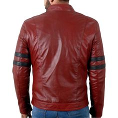 This maroon biker leather jacket is the perfect piece of clothing to add to your wardrobe. Made with real leather, this jacket is both stylish and durable. The quilted polyester lining ensures great comfort and warmth. The zipper closure, zipper cuffs, and stand collar give this jacket a sleek, classic look. It features a chest and two side waist pockets, perfect for storing all your essentials. The leather jacket with stripes on both sleeves gives this jacket a subtle but stylish touch.

This leather jacket is perfect for creating a classic, timeless look. Whether you're going for a casual look or a more dressy look, this jacket is the perfect addition to your outfit. With its durable and stylish design, this jacket is sure to last for years. Make a statement wherever you go by adding thi Fitted Burgundy Biker Jacket With Zipper, Fitted Burgundy Biker Jacket With Zipper Closure, Winter Burgundy Biker Jacket, Burgundy Long Sleeve Biker Jacket For Winter, Burgundy Leather Jacket With Zipper For Winter, Fitted Burgundy Leather Biker Jacket, Fitted Burgundy Leather Jacket With Zipper Closure, Fitted Burgundy Biker Jacket For Winter, Casual Burgundy Leather Jacket With Zipper Closure