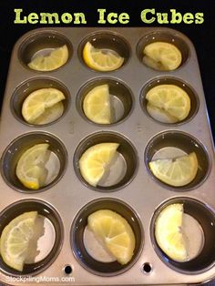 a muffin tin filled with lemon ice cubes