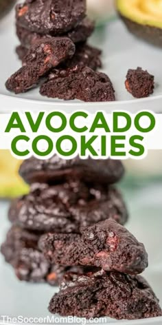 chocolate cookies stacked on top of each other in front of bananas and text overlay