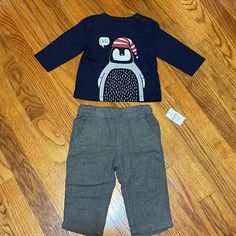 Gap 6-12 Monthsnwt Nwt Gray Pants With Elastic Waist. Nwt Navy Long Sleeves With Cute Winter Penguin On Front. Please See Pictures For Details And Ask If Questions! Gap Long Sleeve Sleepwear, Bambi Shirt, Paris Shirt, Turtleneck Bodysuit, Ribbed Shirt, Grey Long Sleeve Shirt, Thermal Shirt, White Turtleneck, Grey Pants