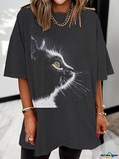 BestDealFriday Short Sleeve 1 Gray Women Tops Casual Crew Neck Cotton-Blend Tops Casual Short Sleeve Shirt With Cat Design, Casual Tops With Cat Design For Fall, Casual Fall Tops With Cat Design, Casual Cat Design Short Sleeve Shirt, Casual Cat Design Tops For Fall, Casual Short Sleeve Shirt With Cat Print, Black Relaxed Fit Tops With Cat Design, Black Relaxed Fit Top With Cat Design, Casual Relaxed Fit Top With Cat Print