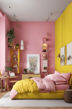 a bedroom with pink walls and yellow furniture