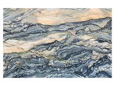 an abstract painting with blue and beige colors on the surface, including mountains in the background