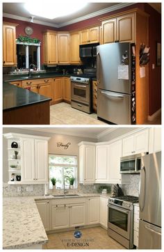 before and after pictures of a kitchen remodel with white cabinets, stainless steel appliances