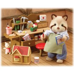 a stuffed animal is standing in front of a doll house with furniture and toys on the floor