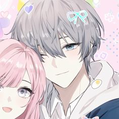 two anime characters with pink hair and blue eyes, one is holding the other's shoulder