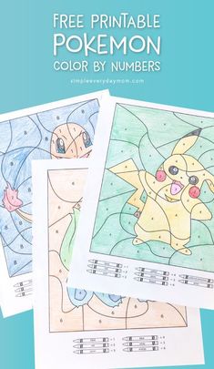 three printable pokemon color by numbers with the text, free printable pokemon color by numbers