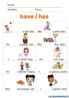 a worksheet with words and pictures to help students learn how to say the word have / has