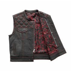 Men's leather motorcycle vest men riding club black/red biker vest concealed carry Winter Leather Vest For Biker Events, Biker Leather Vest For Streetwear, Biker Vest With Pockets For Streetwear, Sleeveless Leather Outerwear For Biker Events, Moto Style Vest For Biker Events In Fall, Black Rockabilly Outerwear For Fall, Fall Biker Vest For Outdoor, Moto Vest For Biker Events In Fall, Fall Outdoor Biker Vest